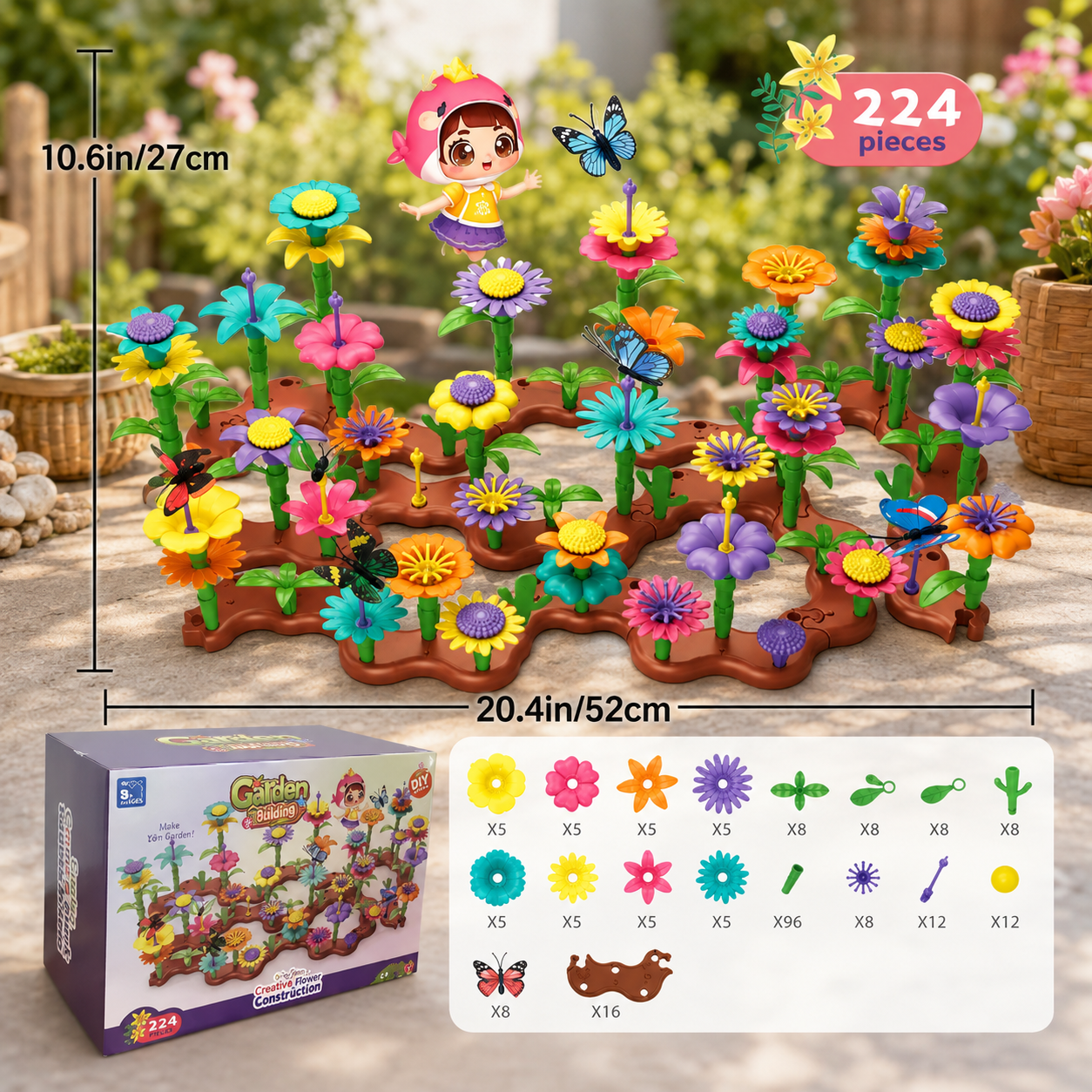 Flower garden building toy dimensions and piece diagram for ages 6 and up